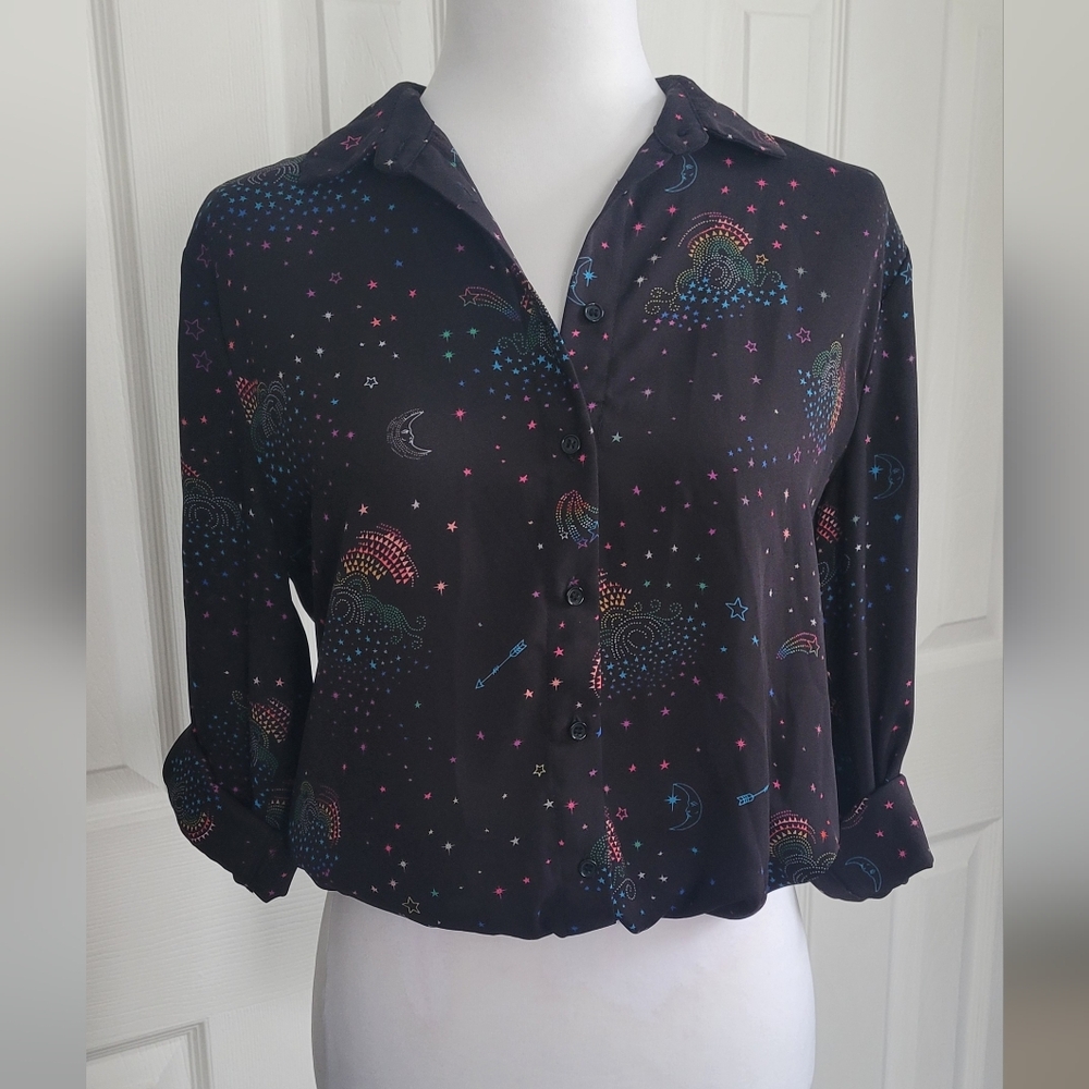 Warehouse Black Celestial Button Down Long Sleeve Shirt, Moon Stars, Women's 10 - Picture 2 of 9